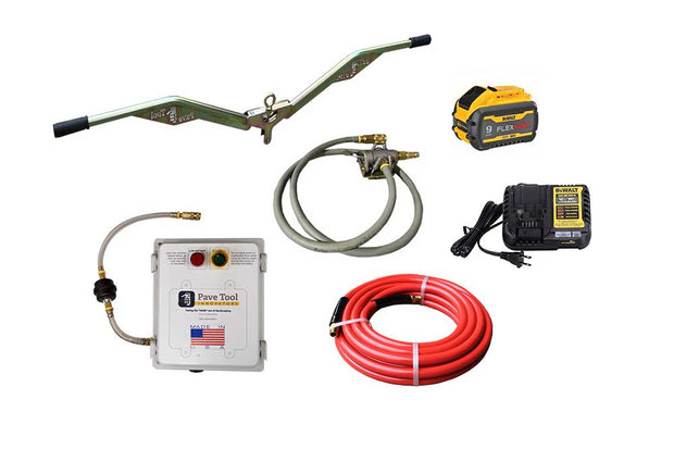 Elite Suction Manual Package sold by PAVETOOL  consists of the Power Pack, Ergo Assist, Toggle, Hose and two batteries with a one hour quick charge