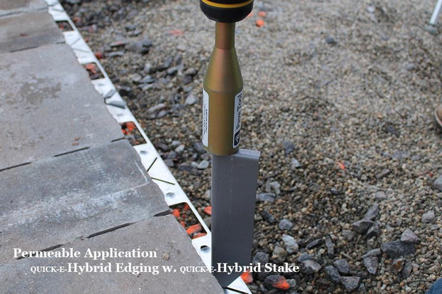 Hybrid Edging Stake driven in by a hammer bit for open grade base edging solutions